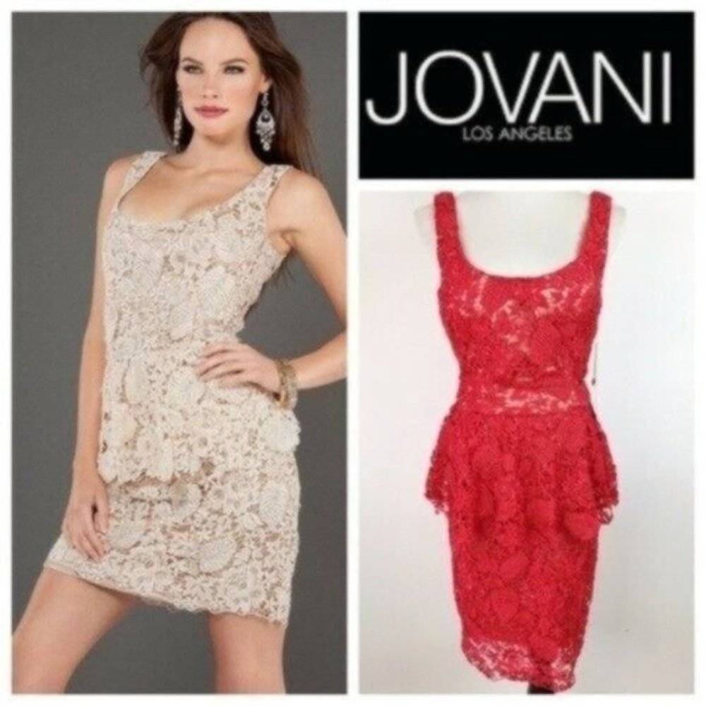 Jovani Womens Peplum Backless Cocktail Dress Size 8 Red Beaded Floral Lace NWT